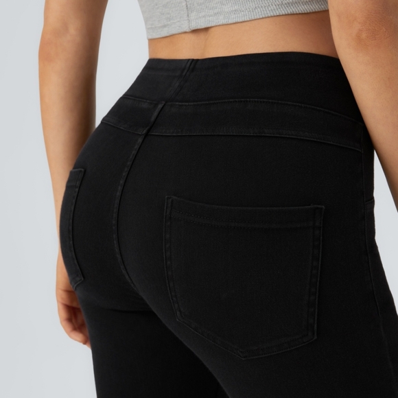 NWT!! Denim Crossover Waist Black Pocket Flare Stretch Knit High Waisted Md Tall - Picture 5 of 9